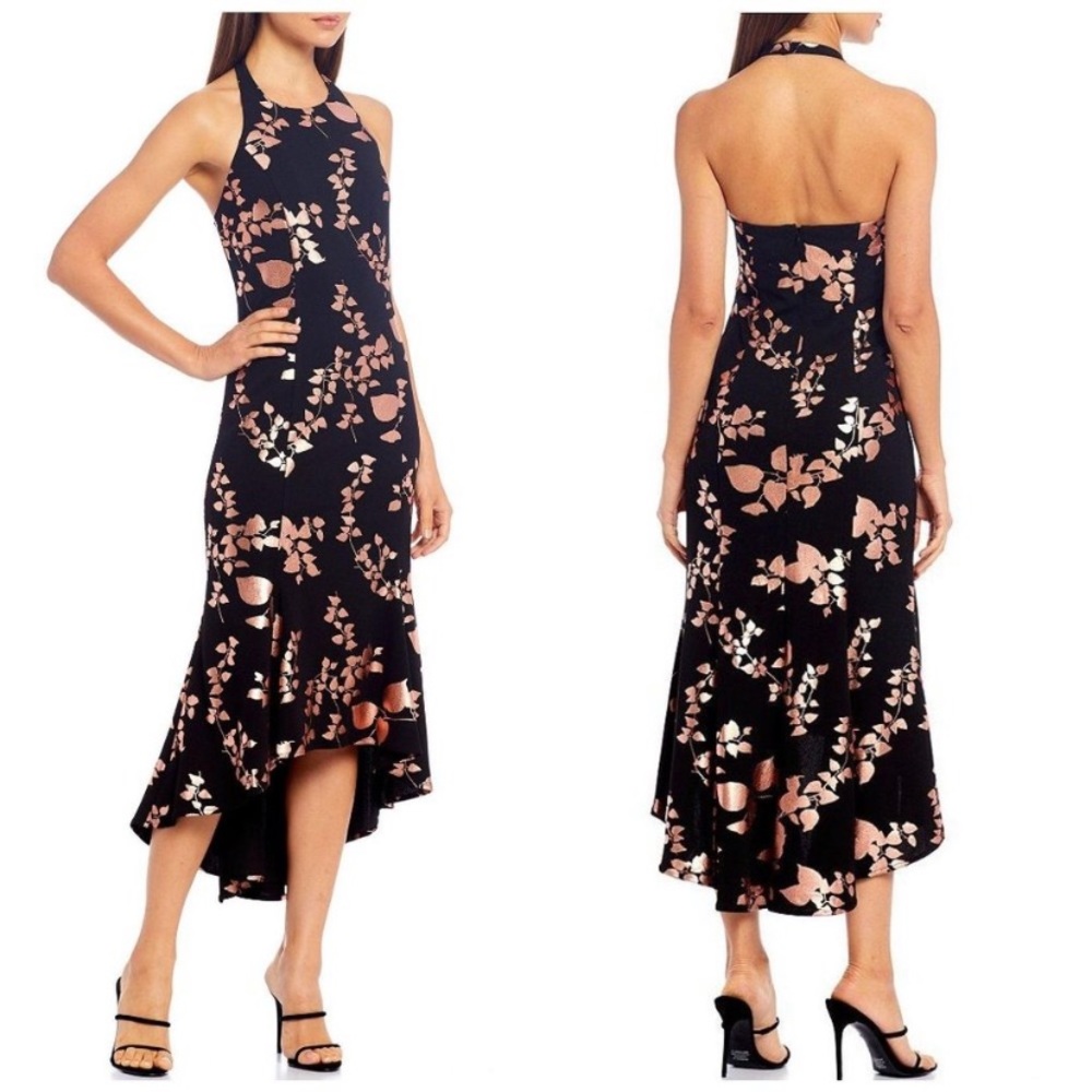 Badgley Mischka Black Halter High-Low Dress with Rose Gold Floral Print